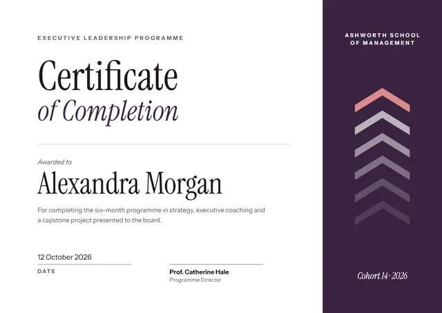 Plum Geometric Leadership Programme Certificate template, A4 landscape, in plum