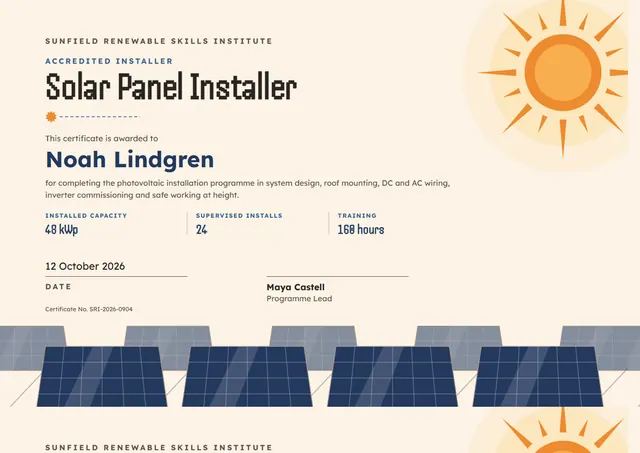 Navy Sunburst Solar Panel Installer Certificate template, A4 landscape, in navy