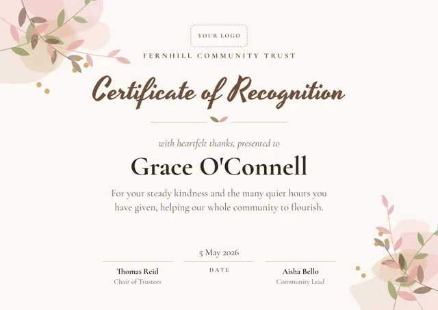 Chocolate Leafy Blank Certificate template, A4 landscape, in chocolate