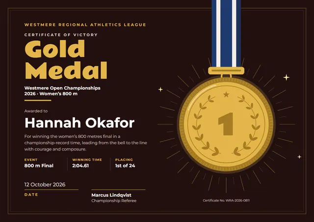 Chocolate Laurel Gold Medal Certificate template, A4 landscape, in chocolate
