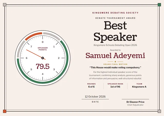 Jade Double-Border Best Debate Speaker Award template, A4 landscape, in jade