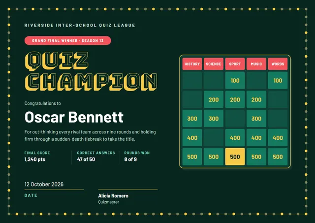 Forest Green Geometric Quiz Champion Certificate template, A4 landscape, in forest green