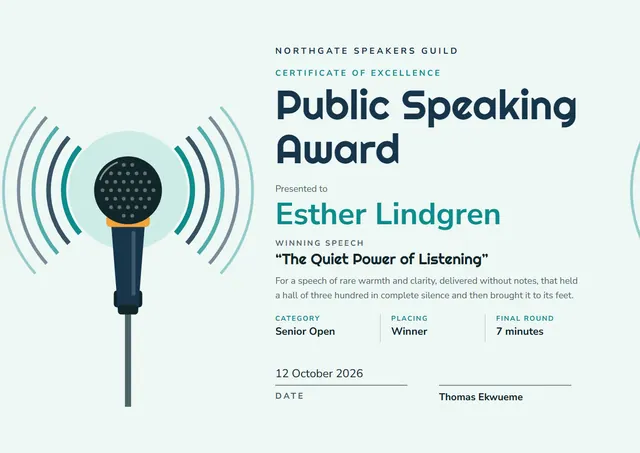 Navy Wave Public Speaking Certificate template, A4 landscape, in navy