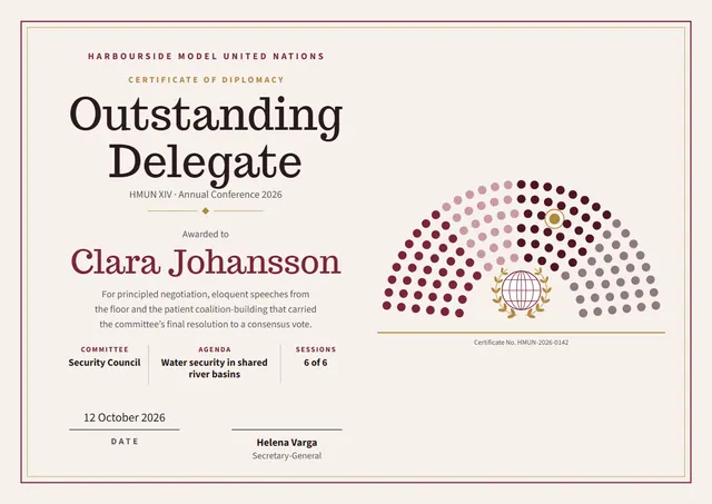 Burgundy Laurel Model UN Delegate Certificate template, A4 landscape, in burgundy