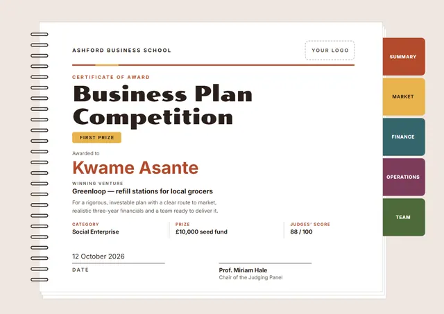 Terracotta Badge Business Plan Competition Certificate template, A4 landscape, in terracotta
