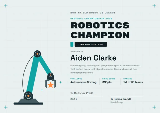 Slate Trophy Robotics Competition Certificate template, A4 landscape, in slate grey