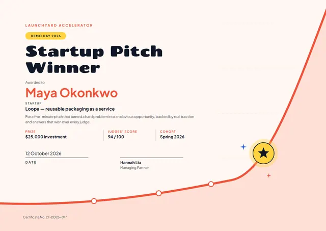 Coral Starry Startup Pitch Winner Certificate template, A4 landscape, in coral