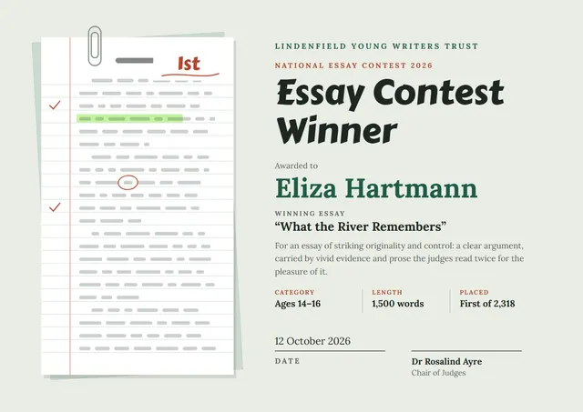 Forest Green Playful Essay Contest Certificate template, A4 landscape, in forest green