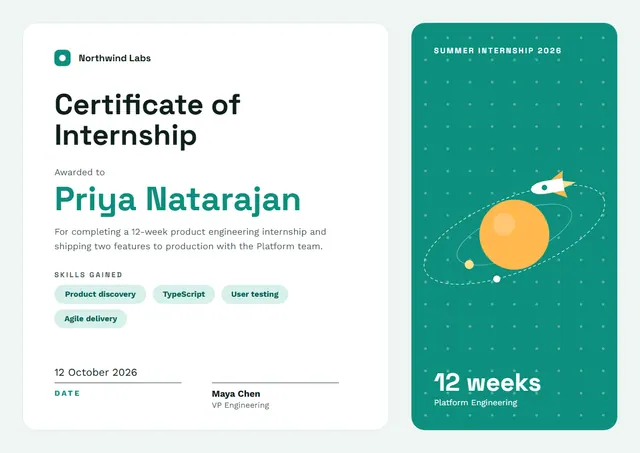 Teal Orbit Internship Completion Certificate template, A4 landscape, in teal