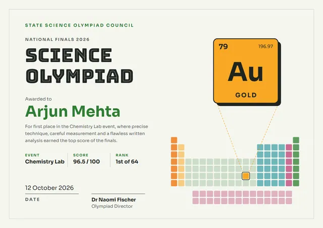 Sunshine Yellow Geometric Science Olympiad Certificate template, A4 landscape, in sunshine yellow