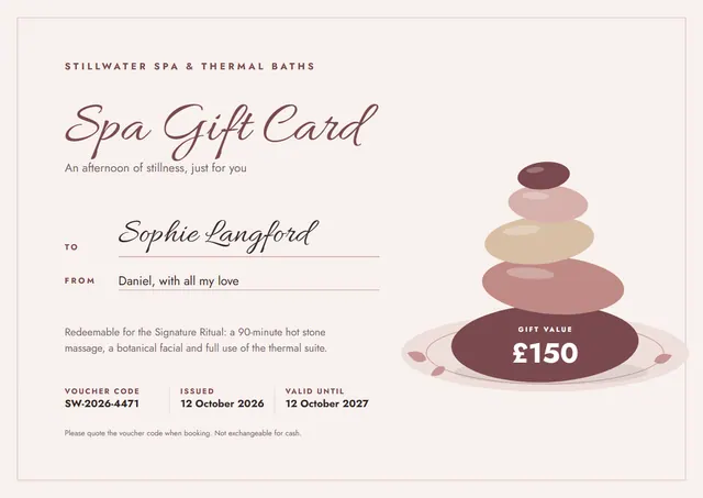Brick Red Wave Spa Gift Voucher template, A4 landscape, in brick red