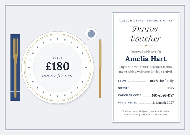 Ocean Blue Double-Border Restaurant Gift Voucher template, A4 landscape, in ocean blue