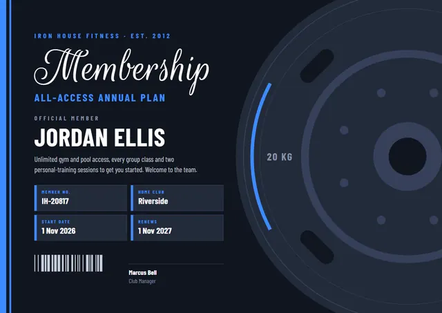 Navy Chart Gym Membership Card template, A4 landscape, in navy