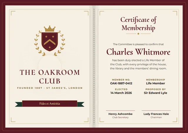 Burgundy Laurel Private Club Membership Certificate template, A4 landscape, in burgundy
