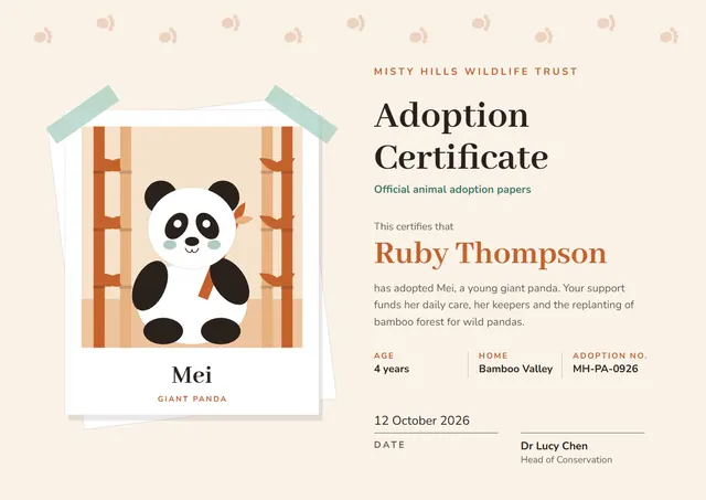 Terracotta Leafy Adopt-an-Animal Certificate template, A4 landscape, in terracotta