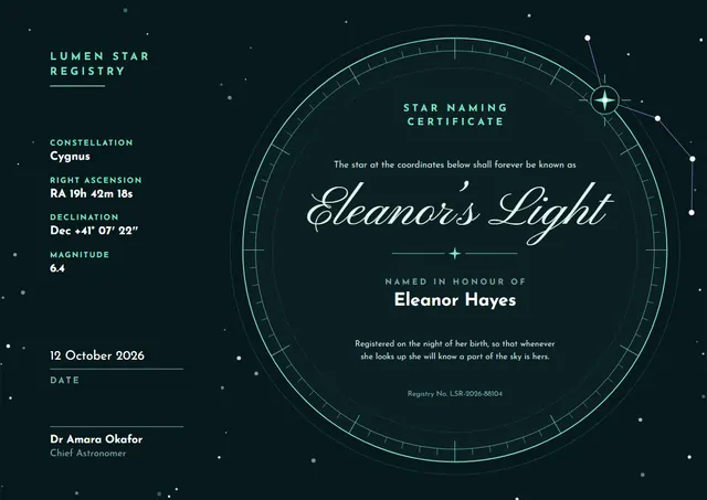 Black Starry Star Naming Certificate template, A4 landscape, in black