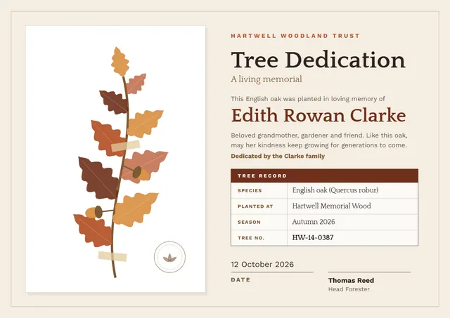 Chocolate Leafy Tree Dedication Certificate template, A4 landscape, in chocolate