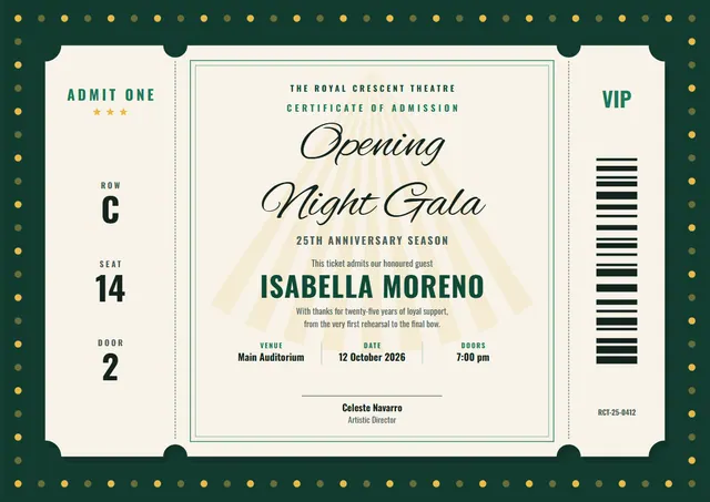 Forest Green Sunburst Ticket-Style Event Certificate template, A4 landscape, in forest green