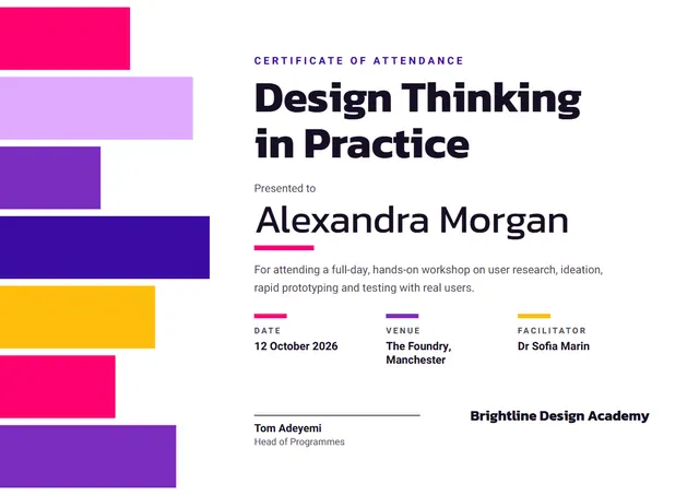 Purple Modern Workshop Attendance Certificate template, A4 landscape, in purple