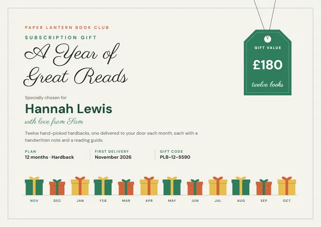 Jade Ribbon Gift Subscription Certificate template, A4 landscape, in jade
