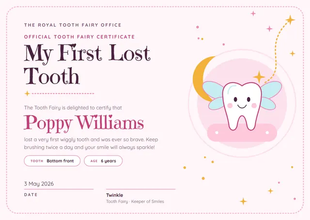 Raspberry Moonlit Tooth Fairy Certificate template, A4 landscape, in raspberry