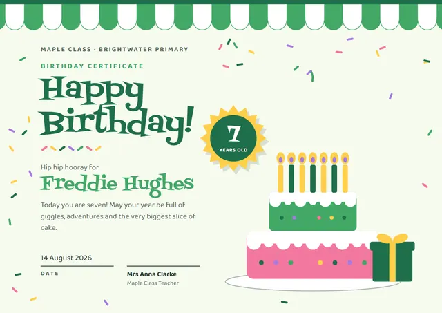 Emerald Ribbon Birthday Certificate template, A4 landscape, in emerald