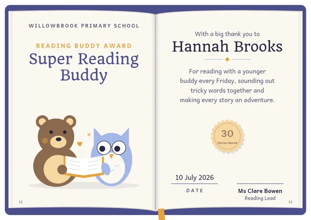 Steel Blue Ribbon Reading Buddy Award template, A4 landscape, in steel blue