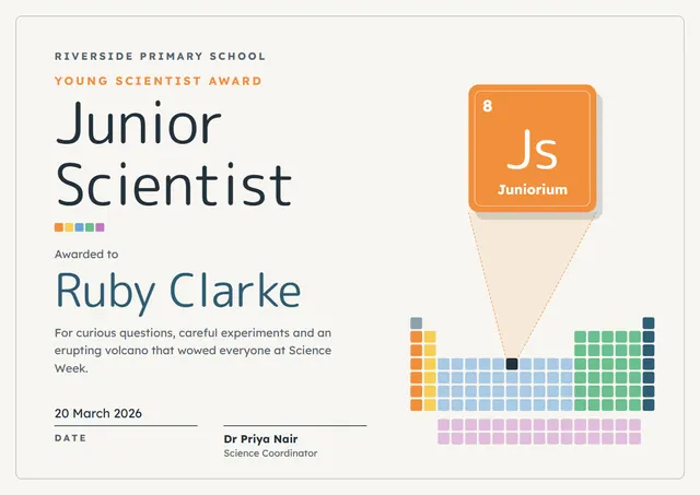 Ocean Blue Geometric Junior Scientist Award template, A4 landscape, in ocean blue