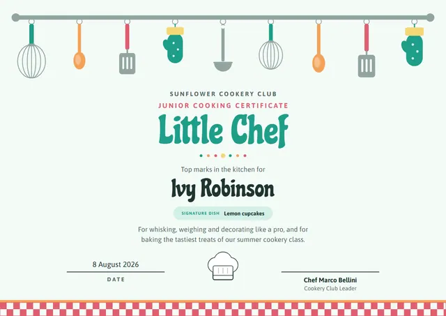 Jade Geometric Little Chef Award template, A4 landscape, in jade