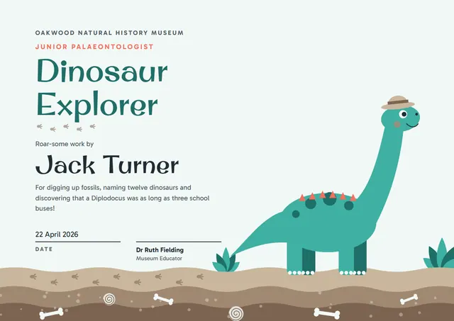 Teal Banded Dinosaur Explorer Award template, A4 landscape, in teal