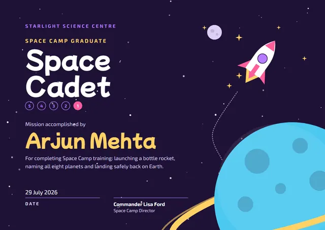 Sky Blue Orbit Space Cadet Award template, A4 landscape, in sky blue
