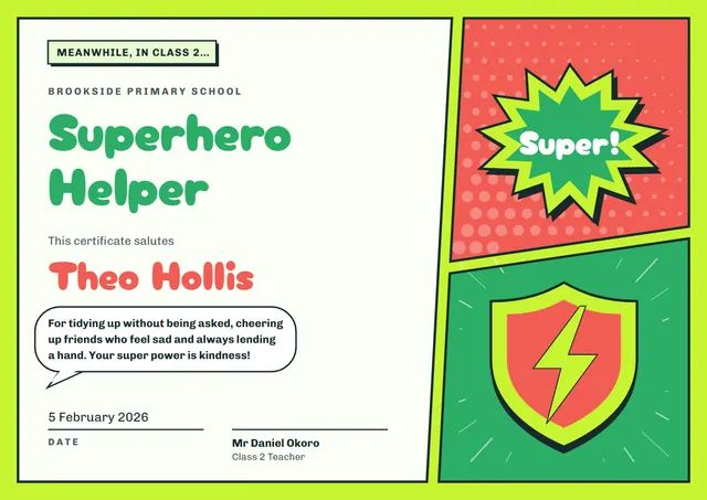 Lime Confetti Superhero Helper Award template, A4 landscape, in lime