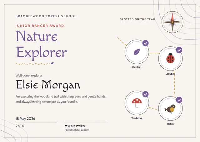 Mauve Leafy Nature Explorer Award template, A4 landscape, in mauve
