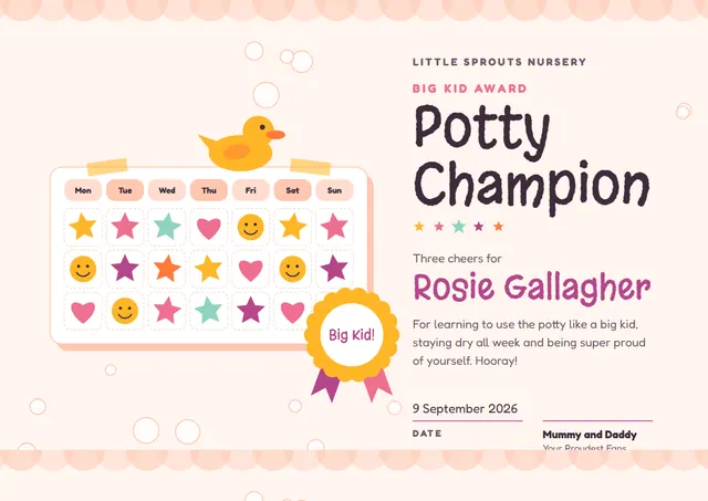 Raspberry Rosette Potty Training Award template, A4 landscape, in raspberry