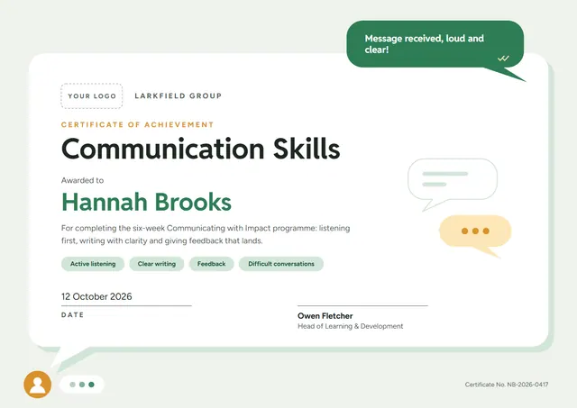 Emerald Confetti Communication Skills Certificate template, A4 landscape, in emerald