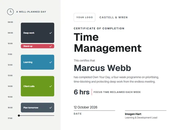 Olive Chart Time Management Certificate template, A4 landscape, in olive