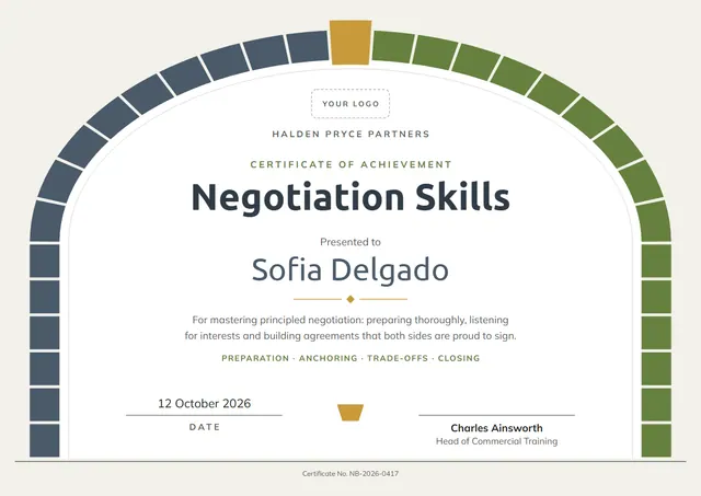 Slate Modern Negotiation Skills Certificate template, A4 landscape, in slate grey
