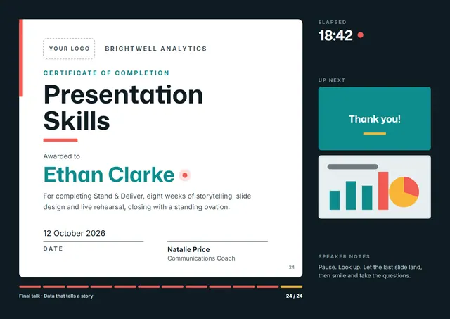 Black Banded Presentation Skills Certificate template, A4 landscape, in black