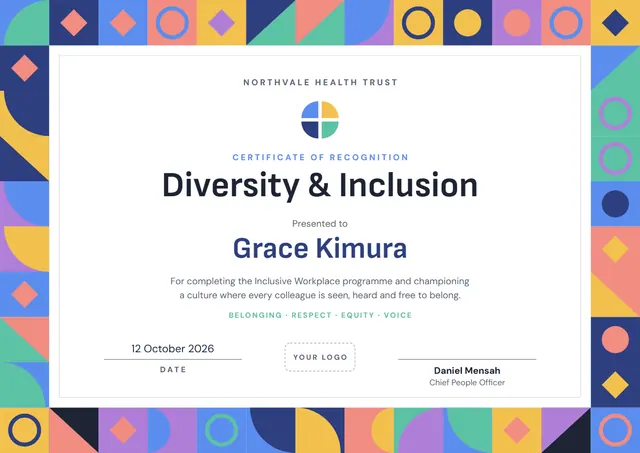 Ocean Blue Geometric Diversity & Inclusion Training Certificate template, A4 landscape, in ocean blue