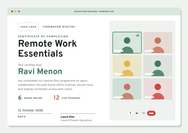 Jade Mountain Remote Work Essentials Certificate template, A4 landscape, in jade