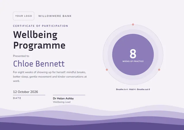Lavender Wave Wellbeing Programme Certificate template, A4 landscape, in lavender