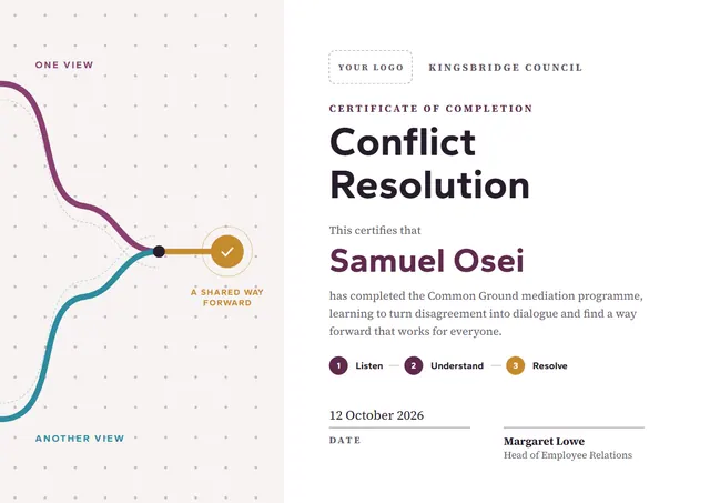 Plum Globe Conflict Resolution Certificate template, A4 landscape, in plum