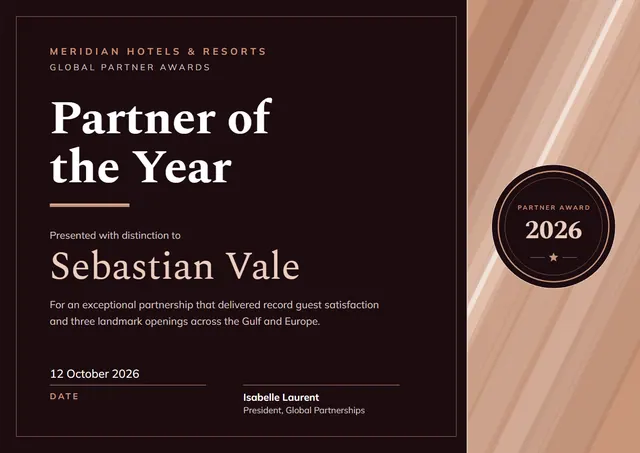 Copper Medal Partner of the Year Award template, A4 landscape, in copper