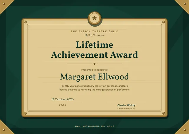 Forest Green Starry Lifetime Achievement Award template, A4 landscape, in forest green