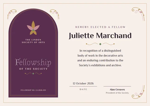 Plum Floral Fellowship Certificate template, A4 landscape, in plum
