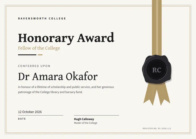 Gold Seal Honorary Award template, A4 landscape, in gold
