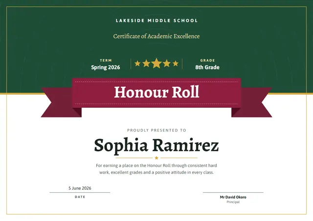 Forest Green Starry Honour Roll Certificate template, A4 landscape, in forest green