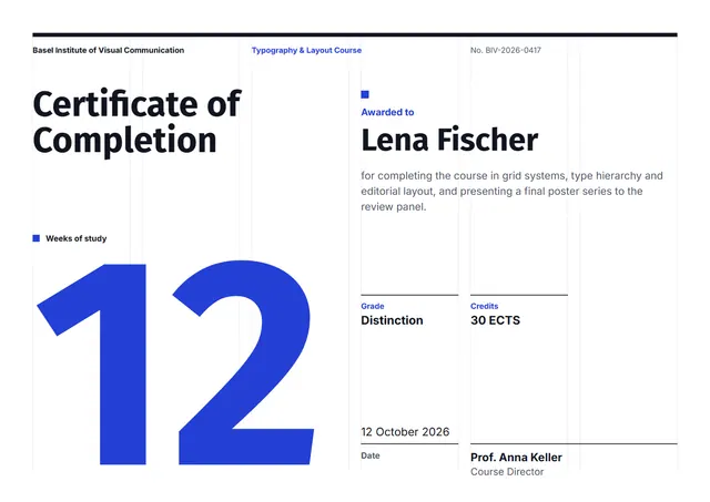 Royal Blue Chart Course Completion Certificate template, A4 landscape, in royal blue