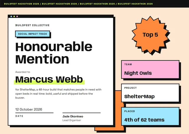 Orange Badge Hackathon Honourable Mention template, A4 landscape, in orange