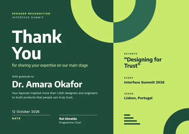 Forest Green Ornate Speaker Thank-You Certificate template, A4 landscape, in forest green